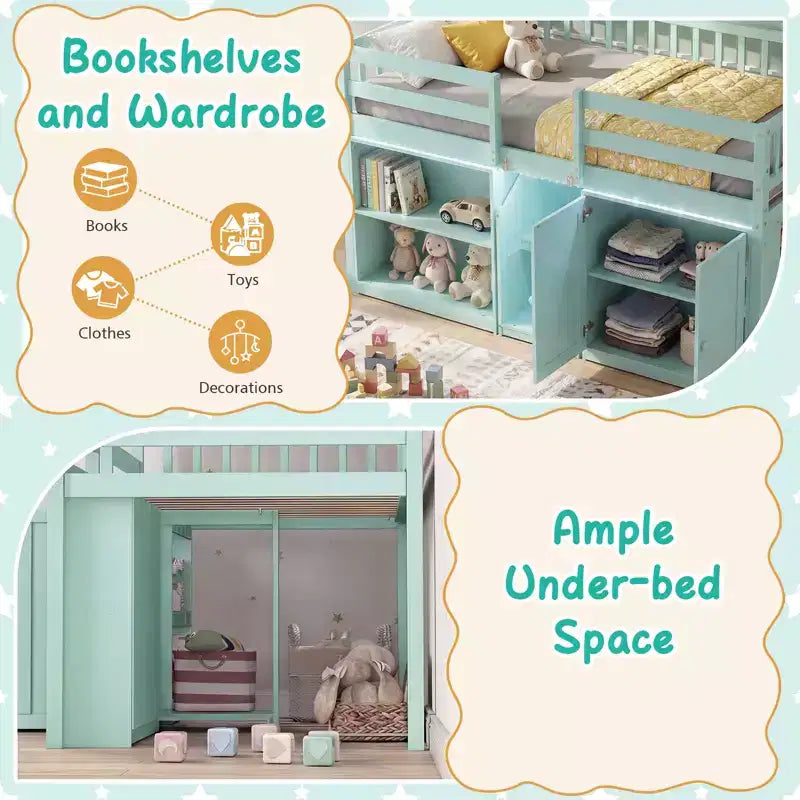 Lit bas mezzanine avec lumière LED, escaliers et barrières de sécurité, lit double pour enfants
