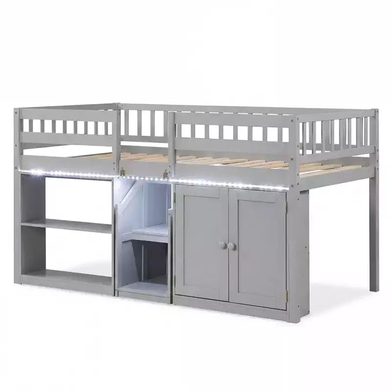Lit bas mezzanine avec lumière LED, escaliers et barrières de sécurité, lit double pour enfants