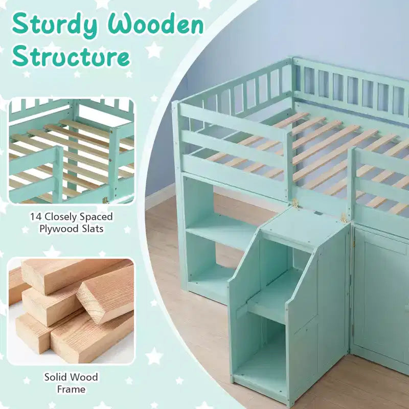 Lit bas mezzanine avec lumière LED, escaliers et barrières de sécurité, lit double pour enfants