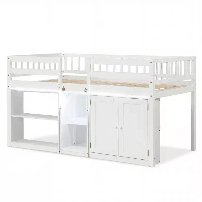 Lit bas mezzanine avec lumière LED, escaliers et barrières de sécurité, lit double pour enfants