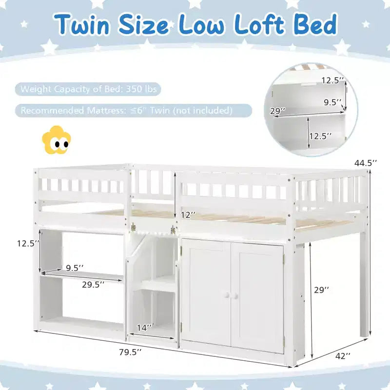 Lit bas mezzanine avec lumière LED, escaliers et barrières de sécurité, lit double pour enfants