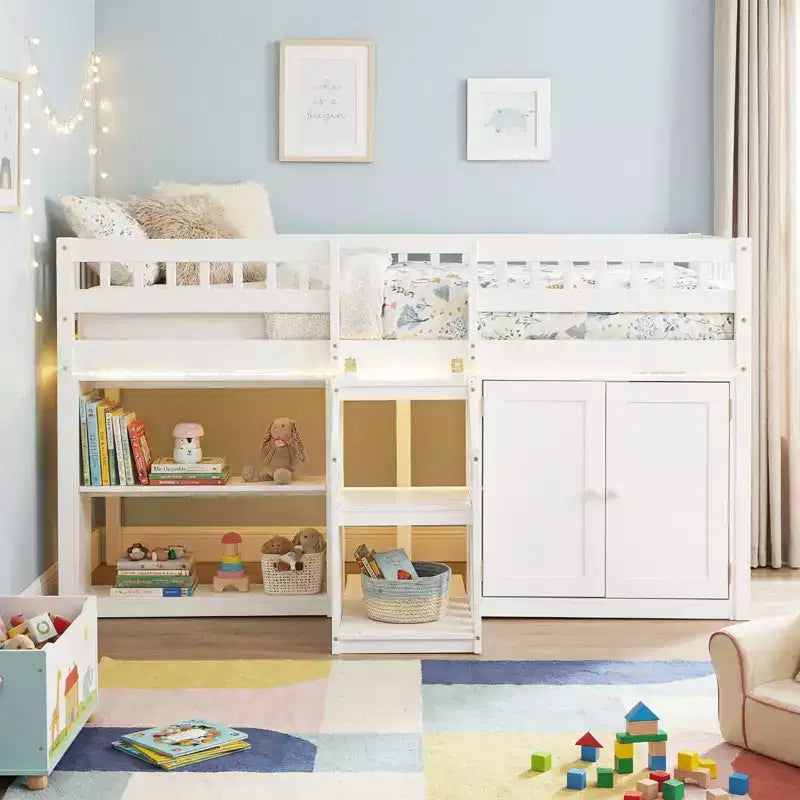 Lit bas mezzanine avec lumière LED, escaliers et barrières de sécurité, lit double pour enfants