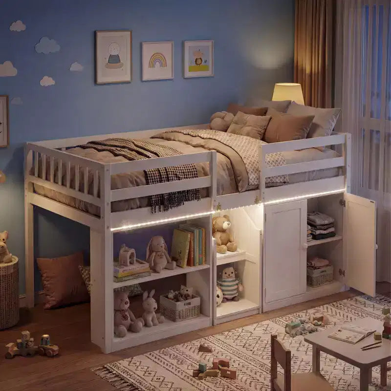 Lit bas mezzanine avec lumière LED, escaliers et barrières de sécurité, lit double pour enfants