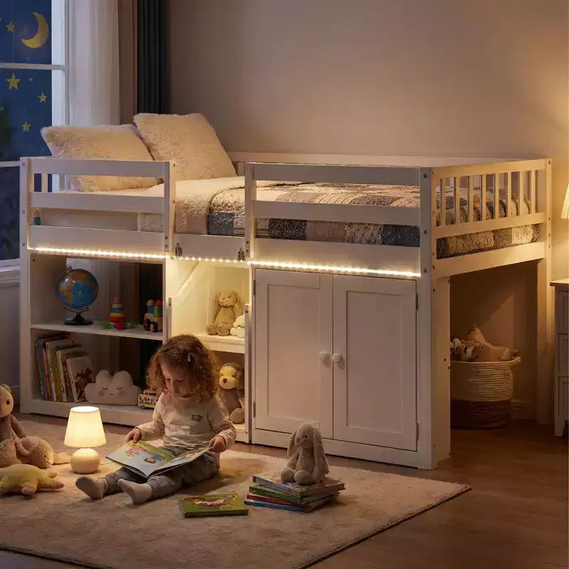 Lit bas mezzanine avec lumière LED, escaliers et barrières de sécurité, lit double pour enfants