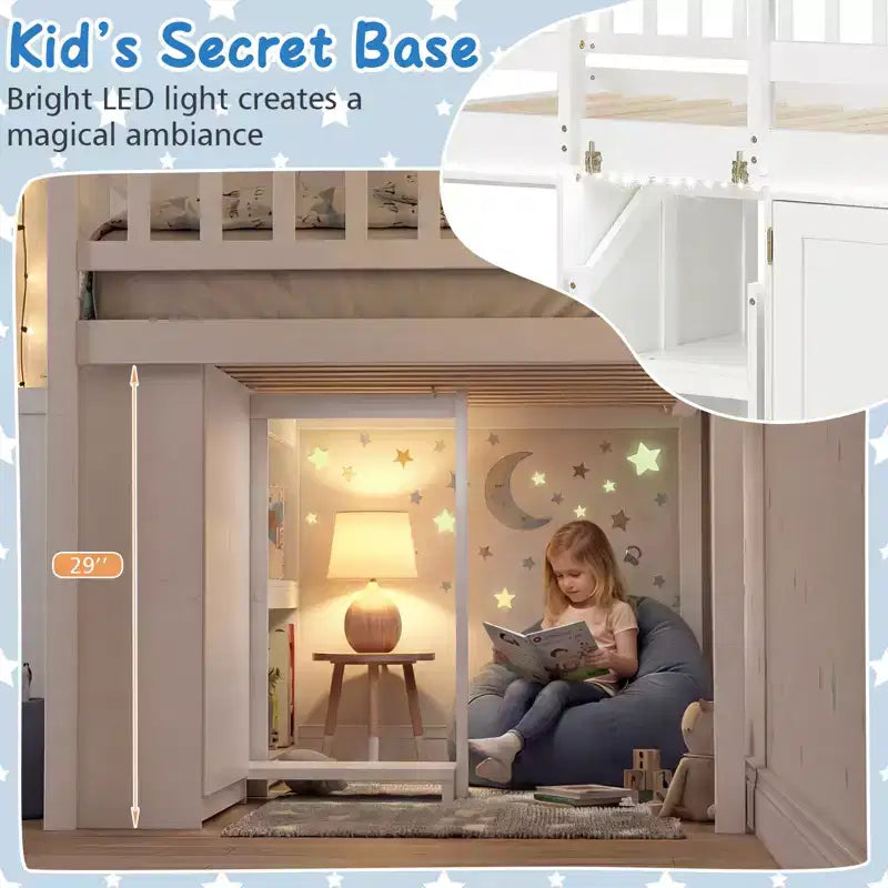 Lit bas mezzanine avec lumière LED, escaliers et barrières de sécurité, lit double pour enfants