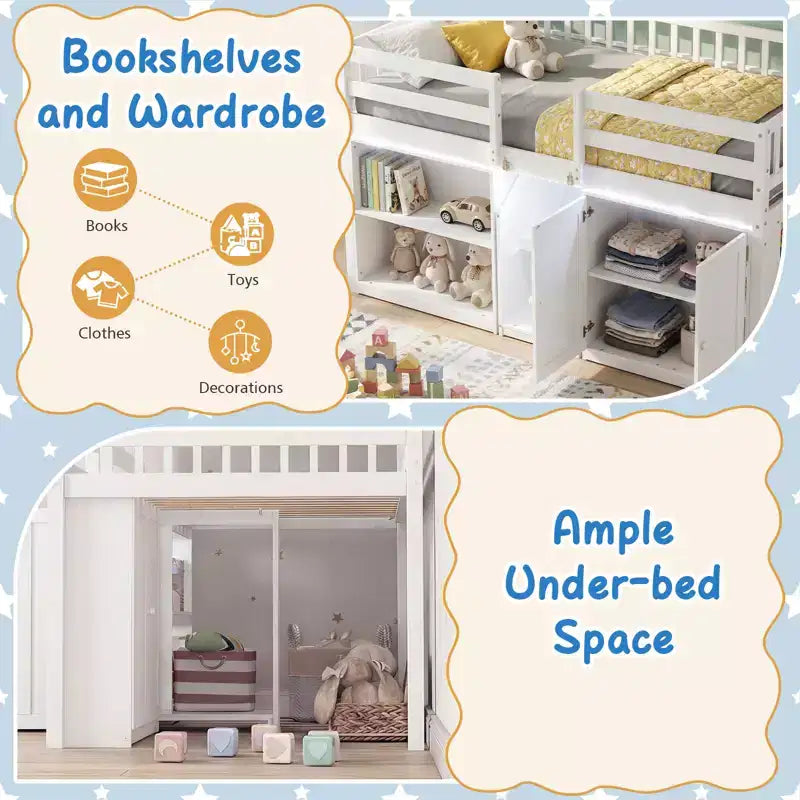 Lit bas mezzanine avec lumière LED, escaliers et barrières de sécurité, lit double pour enfants