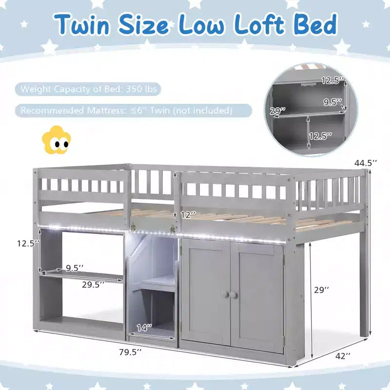 Lit bas mezzanine avec lumière LED, escaliers et barrières de sécurité, lit double pour enfants