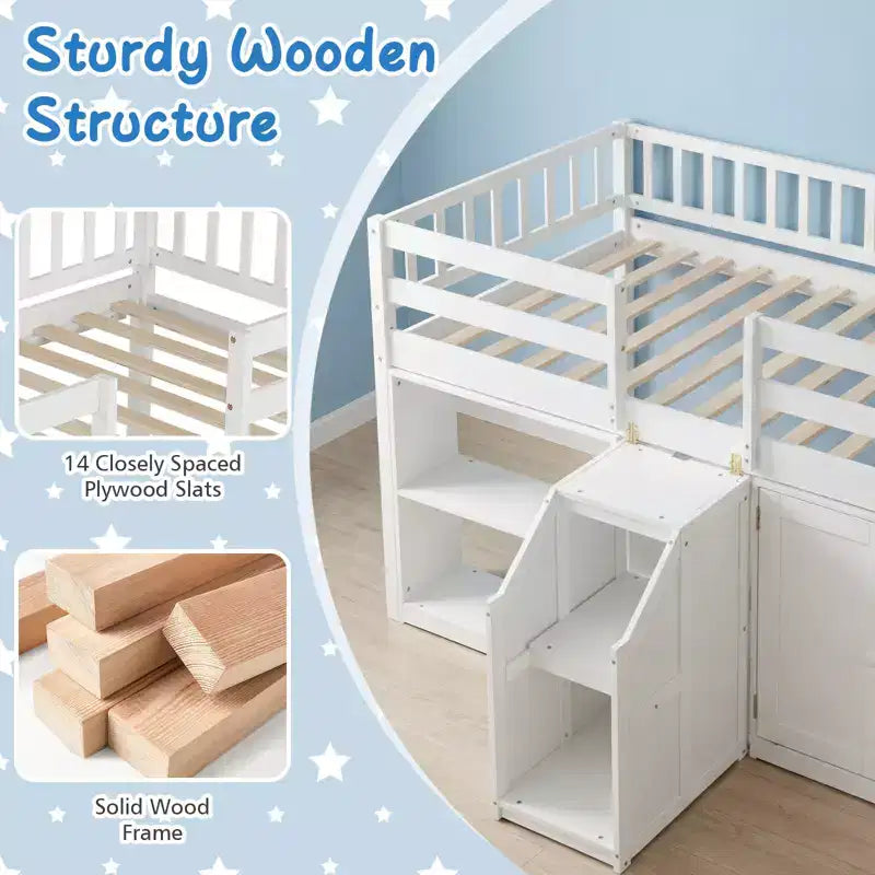 Lit bas mezzanine avec lumière LED, escaliers et barrières de sécurité, lit double pour enfants