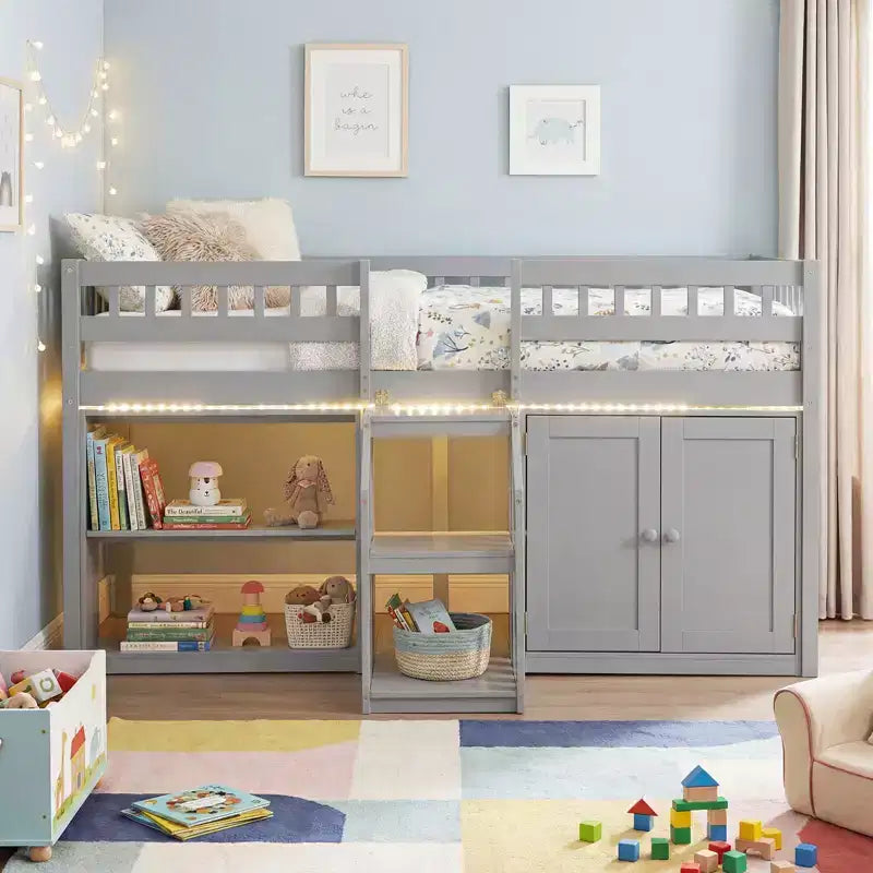 Lit bas mezzanine avec lumière LED, escaliers et barrières de sécurité, lit double pour enfants