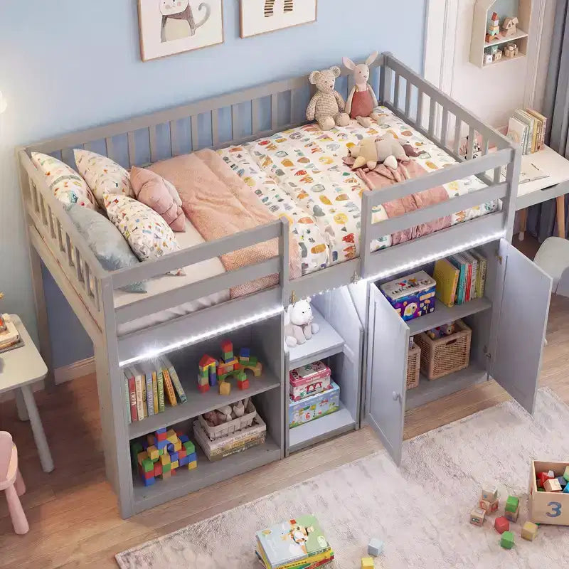 Lit bas mezzanine avec lumière LED, escaliers et barrières de sécurité, lit double pour enfants