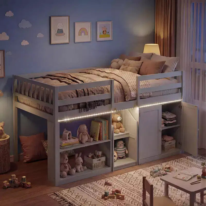 Lit bas mezzanine avec lumière LED, escaliers et barrières de sécurité, lit double pour enfants