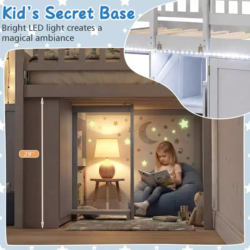 Lit bas mezzanine avec lumière LED, escaliers et barrières de sécurité, lit double pour enfants