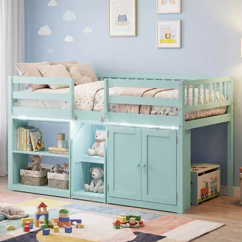 Lit bas mezzanine avec lumière LED, escaliers et barrières de sécurité, lit double pour enfants