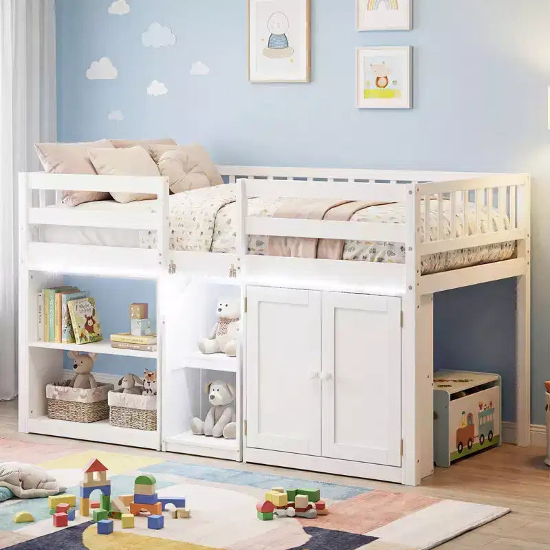 Lit bas mezzanine avec lumière LED, escaliers et barrières de sécurité, lit double pour enfants