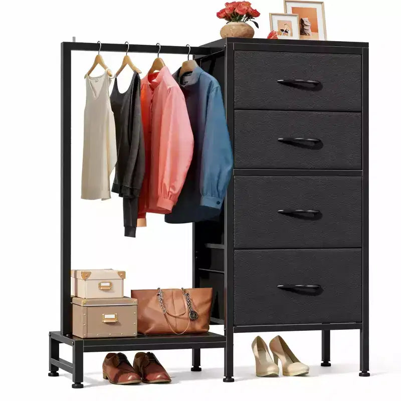 Commode 4/6 tiroirs avec tringle à vêtements et étagère ouverte, armoire en tissu, petit dressing 2 en 1 pour chambre, salon, couloir