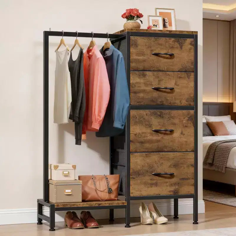 Commode 4/6 tiroirs avec tringle à vêtements et étagère ouverte, armoire en tissu, petit dressing 2 en 1 pour chambre, salon, couloir