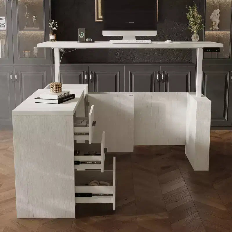 Bureau d'angle électrique à hauteur réglable avec tiroirs de rangement, ports de charge et 4 réglages de mémoire