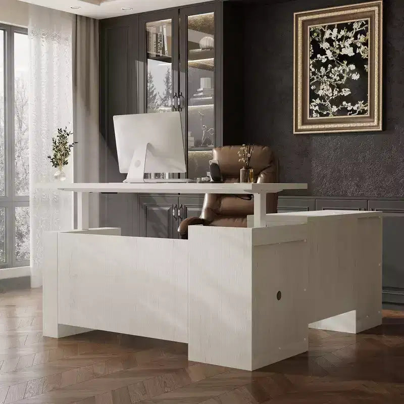 Bureau d'angle électrique à hauteur réglable avec tiroirs de rangement, ports de charge et 4 réglages de mémoire
