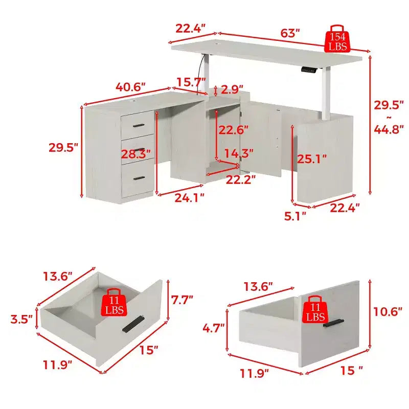 Bureau d'angle électrique à hauteur réglable avec tiroirs de rangement, ports de charge et 4 réglages de mémoire