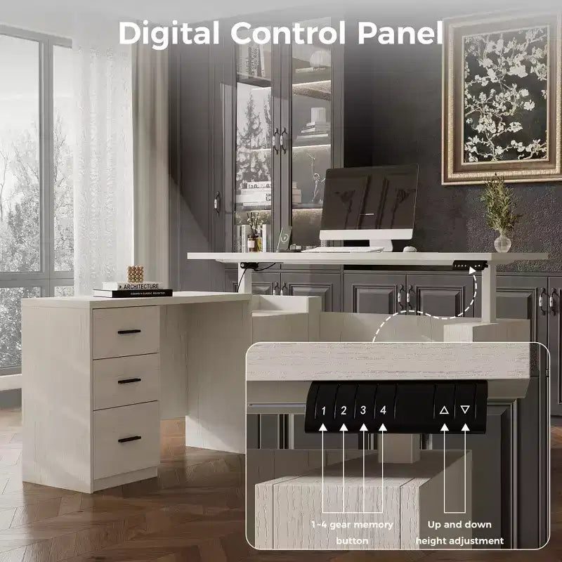 Bureau d'angle électrique à hauteur réglable avec tiroirs de rangement, ports de charge et 4 réglages de mémoire