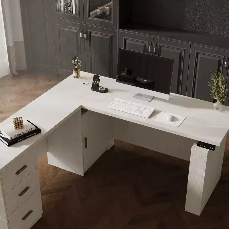 Bureau d'angle électrique à hauteur réglable avec tiroirs de rangement, ports de charge et 4 réglages de mémoire