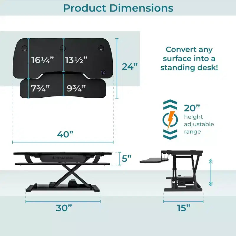 Convertisseur de bureau debout électrique réglable en hauteur de 40" avec port USB, noir