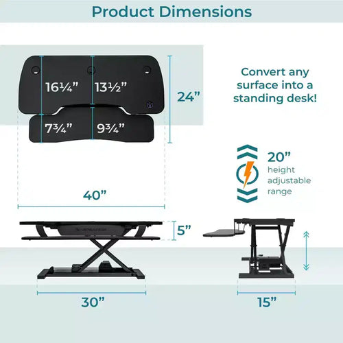Convertisseur de bureau debout électrique réglable en hauteur de 40" avec port USB, noir
