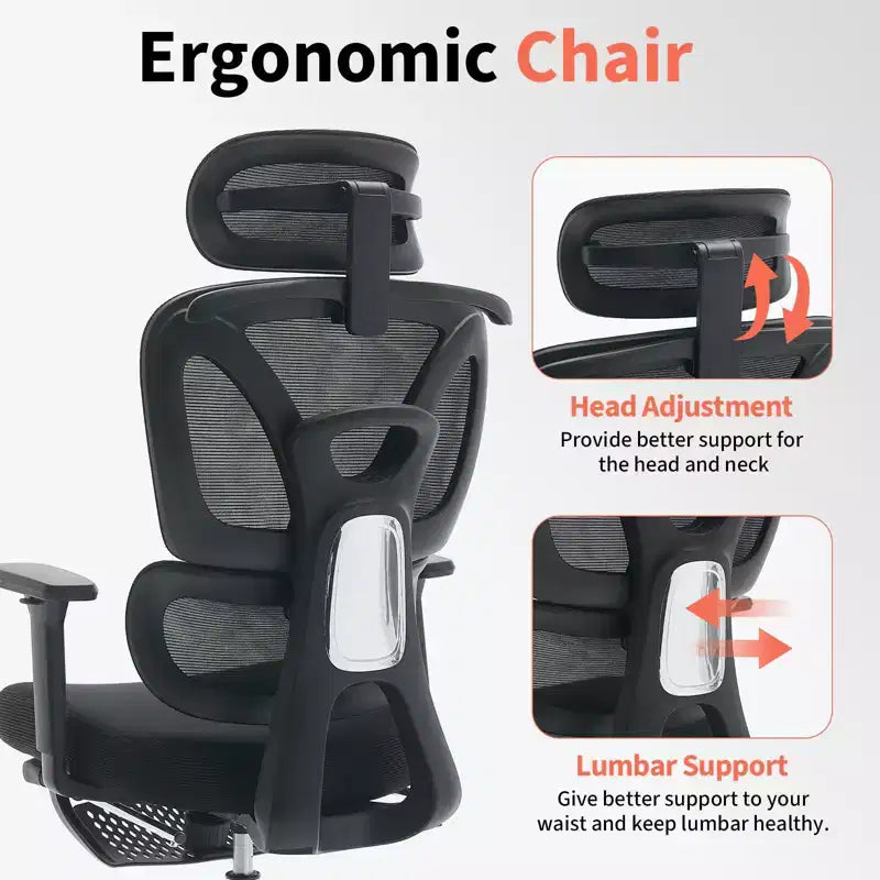 Fauteuil de Bureau Ergonomique en Maille, Chaise de Bureau, Dossier Haut, Soutien Lombaire Réglable, Appui-tête et Repose-pieds Rembourrés, pour Chambre, Bureau, Étudiant