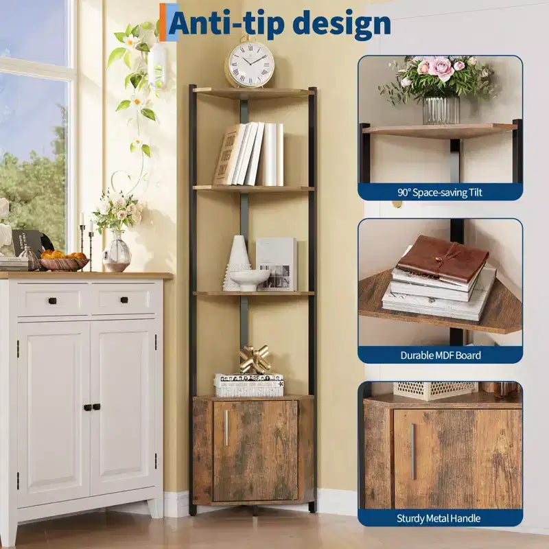 Étagère d'angle à 5 niveaux, organisateur de rangement 58" en métal et bois, blanc