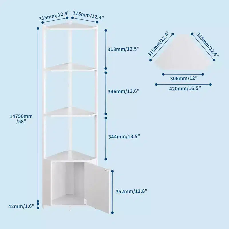 Étagère d'angle à 5 niveaux, organisateur de rangement 58" en métal et bois, blanc