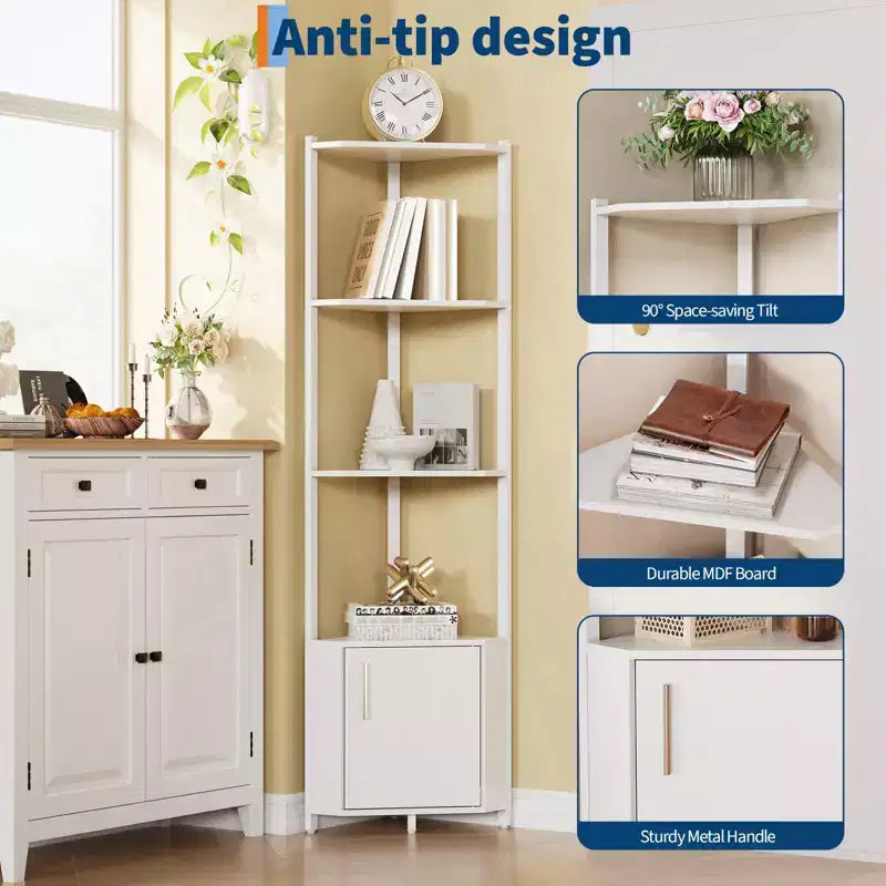 Étagère d'angle à 5 niveaux, organisateur de rangement 58" en métal et bois, blanc