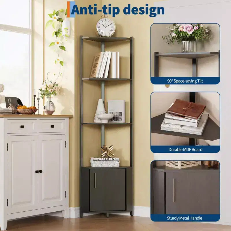 Étagère d'angle à 5 niveaux, organisateur de rangement 58" en métal et bois, blanc