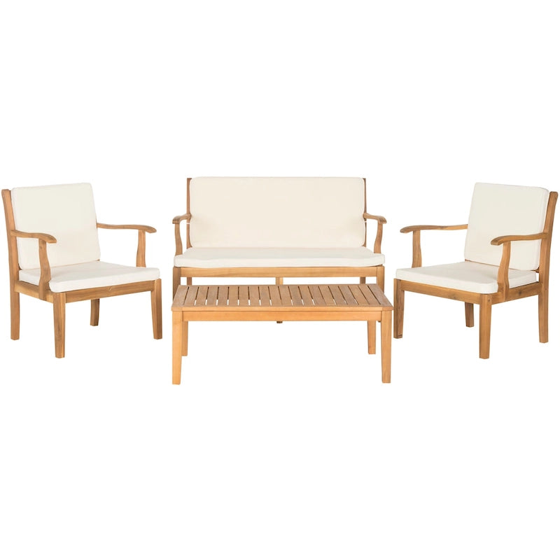 SAFAVIEH Outdoor Living Del Mar Ensemble de patio 4 pièces en bois d'acacia marron avec coussins beiges - 48 L x 25 P x 32 H po