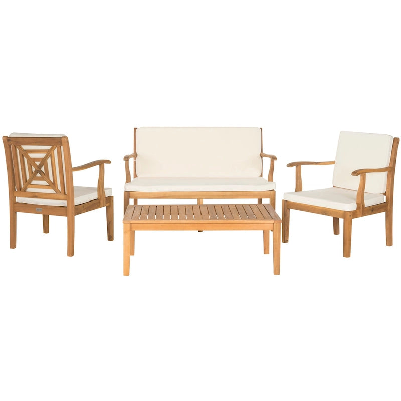 SAFAVIEH Outdoor Living Del Mar Ensemble de patio 4 pièces en bois d'acacia marron avec coussins beiges - 48 L x 25 P x 32 H po