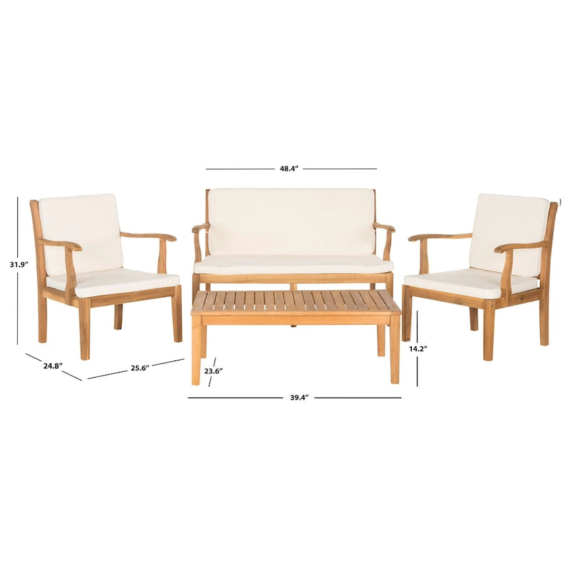 SAFAVIEH Outdoor Living Del Mar Ensemble de patio 4 pièces en bois d'acacia marron avec coussins beiges - 48 L x 25 P x 32 H po