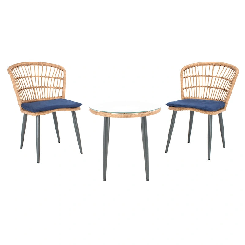 SAFAVIEH Mobilier d'extérieur Prenza, ensemble de 3 chaises longues en rotin – Naturel/Bleu marine – 21L x 24P x 32H