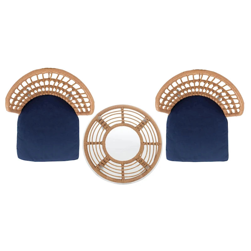 SAFAVIEH Mobilier d'extérieur Prenza, ensemble de 3 chaises longues en rotin – Naturel/Bleu marine – 21L x 24P x 32H