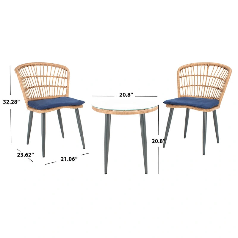 SAFAVIEH Mobilier d'extérieur Prenza, ensemble de 3 chaises longues en rotin – Naturel/Bleu marine – 21L x 24P x 32H
