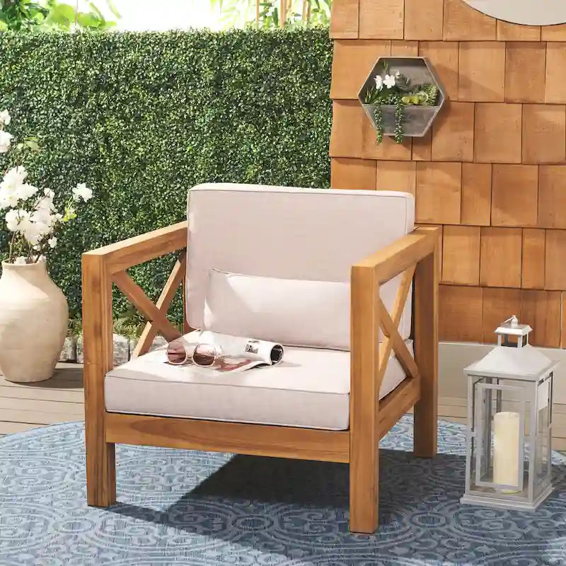 SAFAVIEH Outdoor Living Crewe Solid Wood Arm Chair - Natural/Light Grey - 30W x 30D x 31H