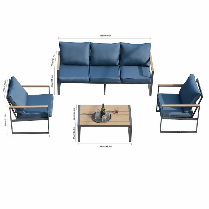 Ensemble de canapés de jardin moderne 4 pièces – Structure en fer avec coussins gris et table basse aspect bois