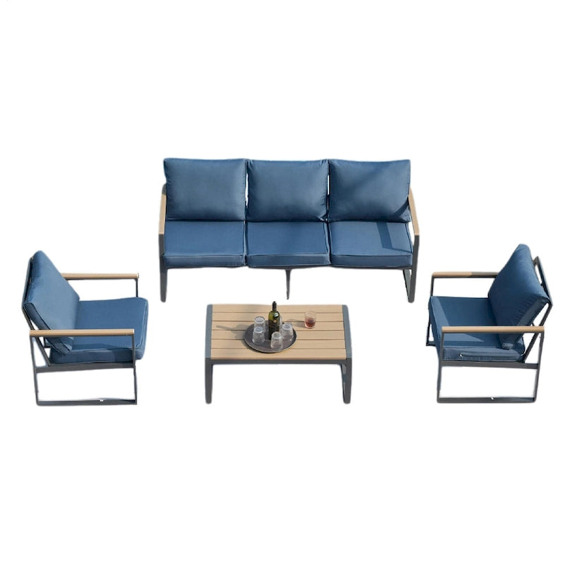 Ensemble de canapés de jardin moderne 4 pièces – Structure en fer avec coussins gris et table basse aspect bois