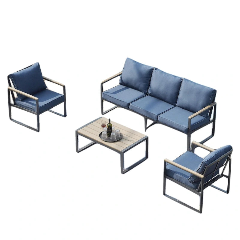 Ensemble de canapés de jardin moderne 4 pièces – Structure en fer avec coussins gris et table basse aspect bois