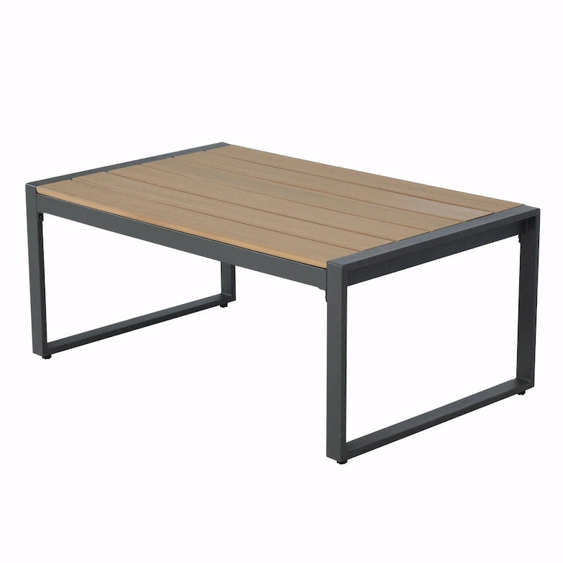 Ensemble de canapés de jardin moderne 4 pièces – Structure en fer avec coussins gris et table basse aspect bois