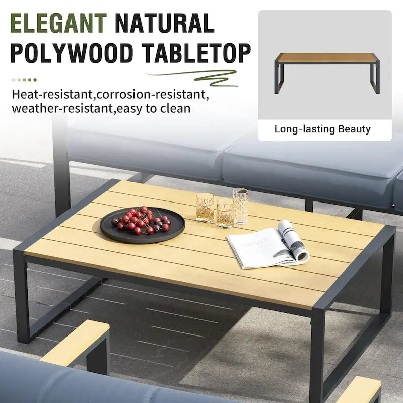 Ensemble de canapés de jardin moderne 4 pièces – Structure en fer avec coussins gris et table basse aspect bois