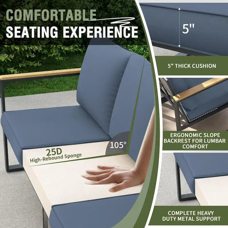 Ensemble de canapés de jardin moderne 4 pièces – Structure en fer avec coussins gris et table basse aspect bois