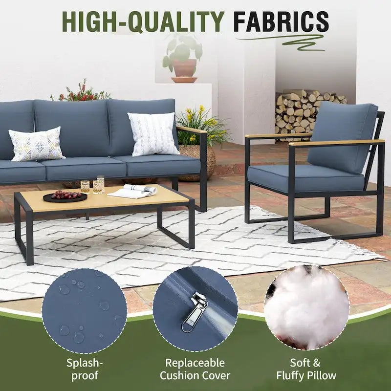 Ensemble de canapés de jardin moderne 4 pièces – Structure en fer avec coussins gris et table basse aspect bois