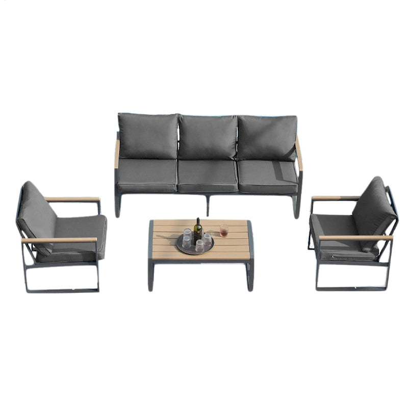 Ensemble de canapés de jardin moderne 4 pièces – Structure en fer avec coussins gris et table basse aspect bois