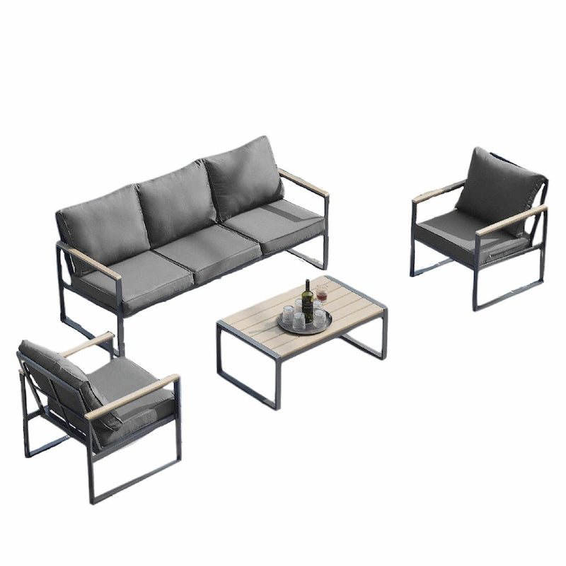 Ensemble de canapés de jardin moderne 4 pièces – Structure en fer avec coussins gris et table basse aspect bois