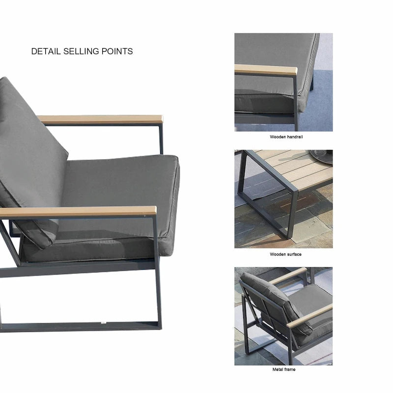 Ensemble de canapés de jardin moderne 4 pièces – Structure en fer avec coussins gris et table basse aspect bois