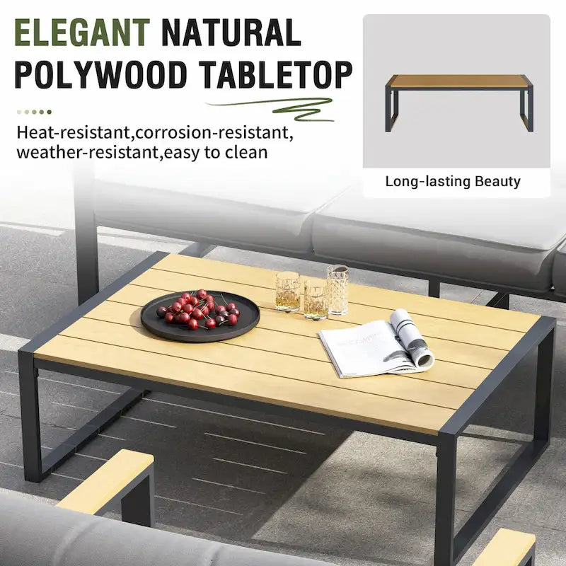Ensemble de canapés de jardin moderne 4 pièces – Structure en fer avec coussins gris et table basse aspect bois